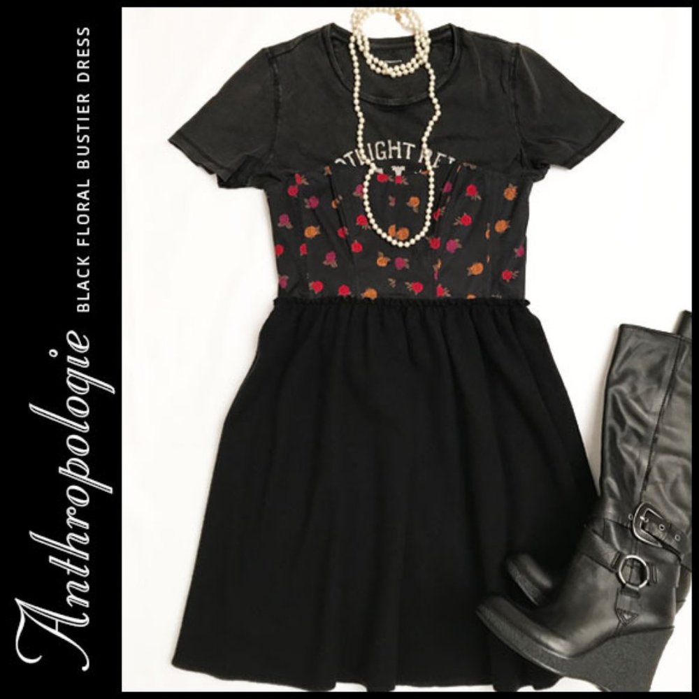 Anthlopogie Black Floral Bustier Dress Size M